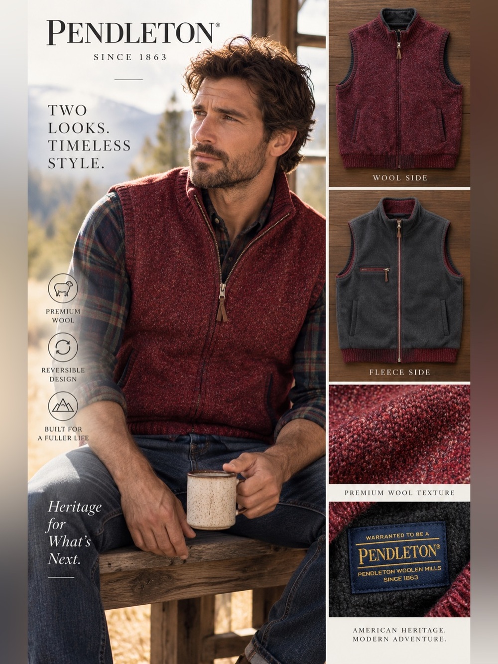 Pendleton Wool & Fleece Reversible Sweater Vest - Large